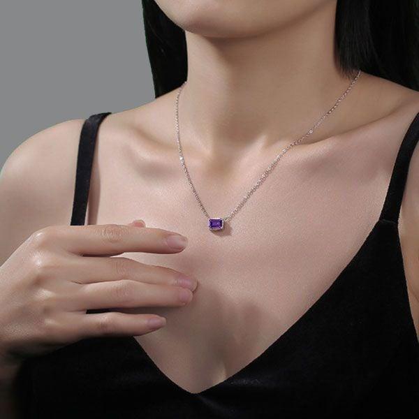 Emerald Cut Amethyst Halo Pendant Necklace in Sterling Silver with Rhodium Plating
