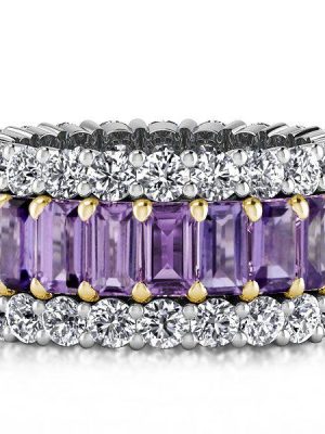 Two-Tone Triple Row Created Amethyst Eternity Wedding Band in Sterling Silver