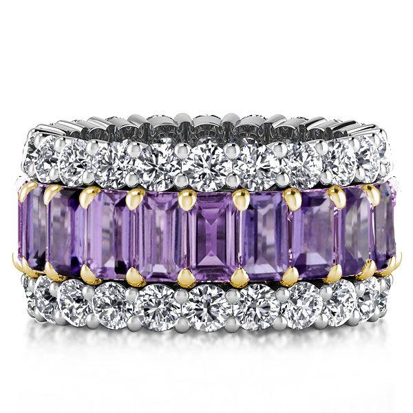 Two-Tone Triple Row Created Amethyst Eternity Wedding Band in Sterling Silver