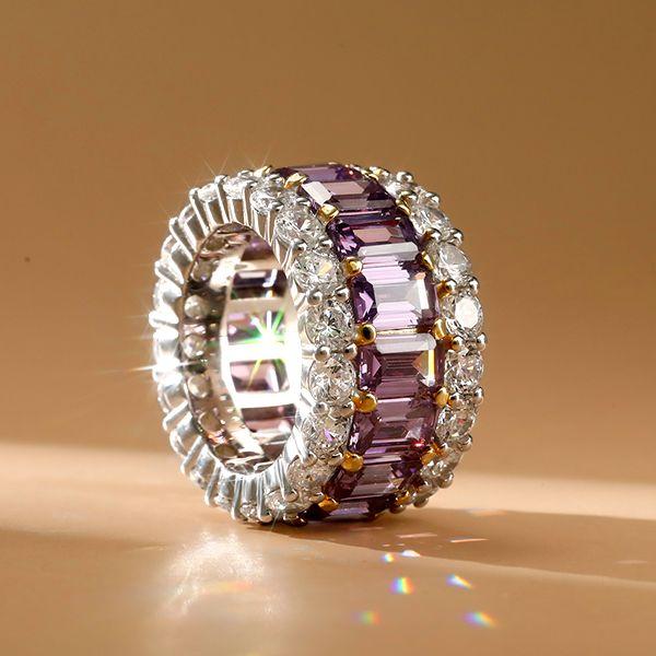 Two-Tone Triple Row Created Amethyst Eternity Wedding Band in Sterling Silver