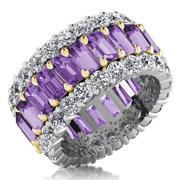 Two-Tone Triple Row Created Amethyst Eternity Wedding Band in Sterling Silver