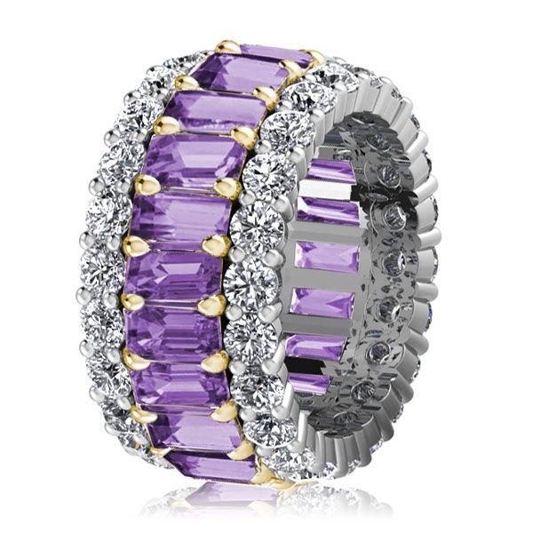 Two-Tone Triple Row Created Amethyst Eternity Wedding Band in Sterling Silver