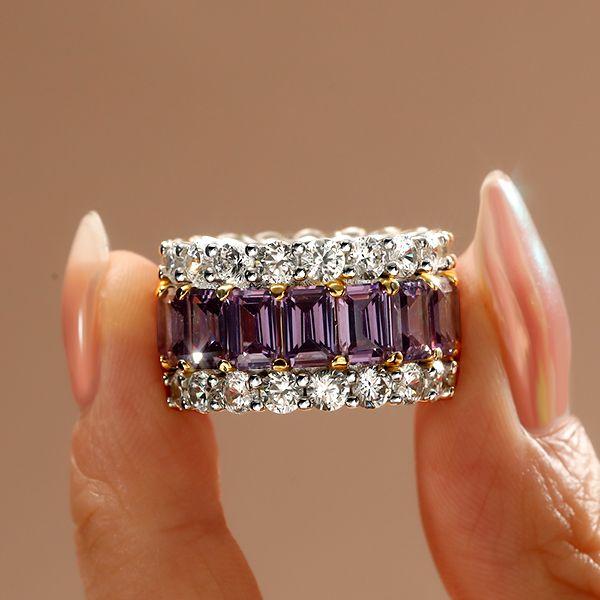 Two-Tone Triple Row Created Amethyst Eternity Wedding Band in Sterling Silver