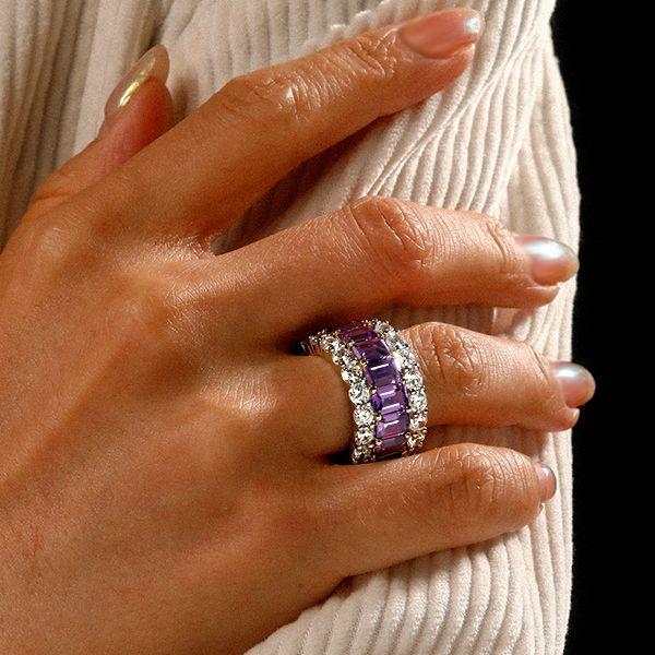 Two-Tone Triple Row Created Amethyst Eternity Wedding Band in Sterling Silver