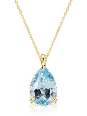 18K Gold Plated Sterling Silver Pear Cut Aquamarine Solitaire Necklace for Women