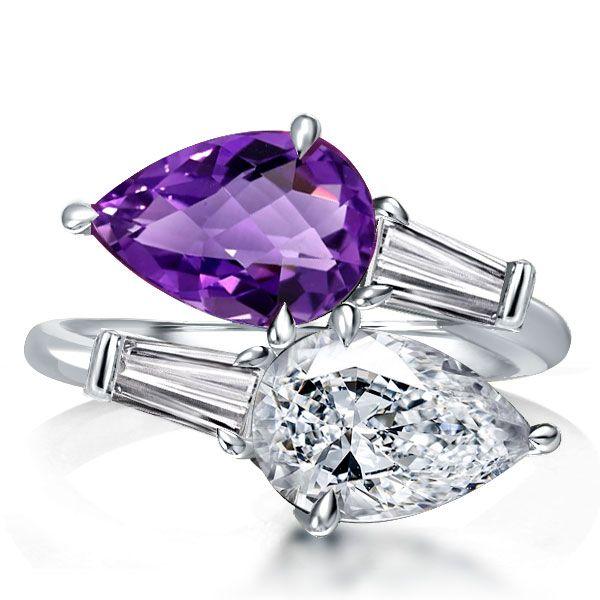 Twin Stone Amethyst Pear Engagement Ring - Sterling Silver