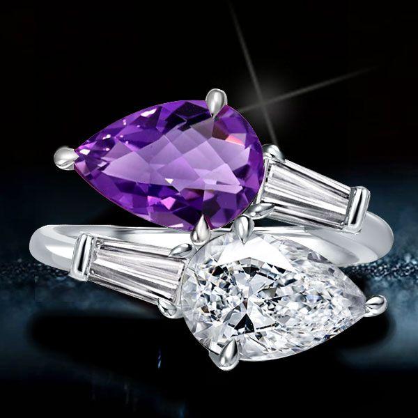Twin Stone Amethyst Pear Engagement Ring - Sterling Silver