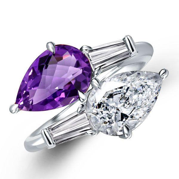 Twin Stone Amethyst Pear Engagement Ring - Sterling Silver