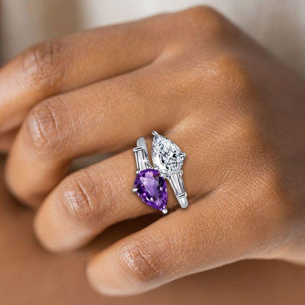 Twin Stone Amethyst Pear Engagement Ring - Sterling Silver