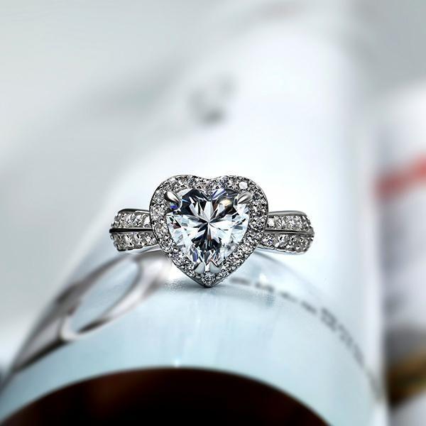 Heart Halo Engagement Ring - 925 Sterling Silver, 2.0 CT Center Stone