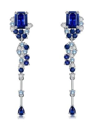 Emerald Cut Blue Drop Earrings Vintage Style 925 Sterling Silver