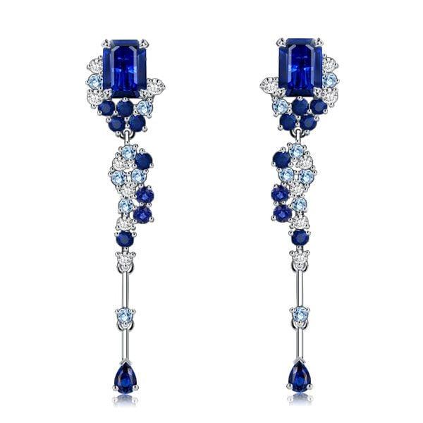 Emerald Cut Blue Drop Earrings Vintage Style 925 Sterling Silver