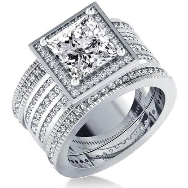 Sterling Silver Wedding Ring Set for Her - 3.00 CT Center Stone