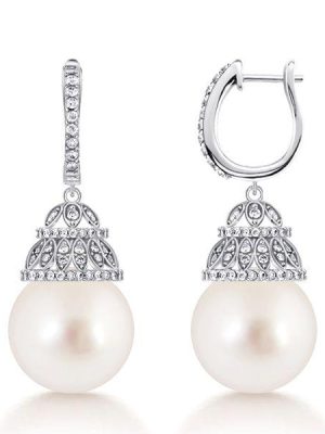 White Pearl Drop Earrings for Women - Sterling Silver Basket Design