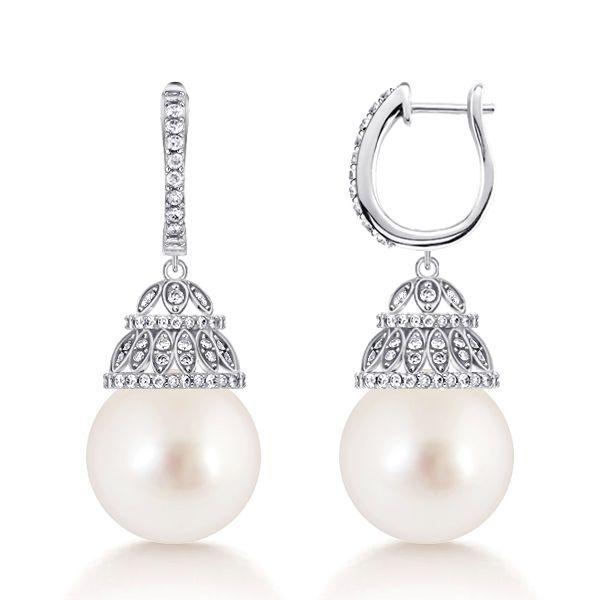 White Pearl Drop Earrings for Women - Sterling Silver Basket Design