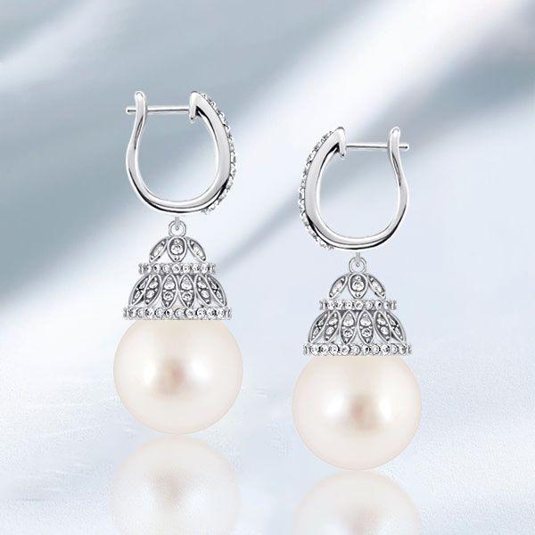 White Pearl Drop Earrings for Women - Sterling Silver Basket Design