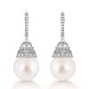 White Pearl Drop Earrings for Women - Sterling Silver Basket Design