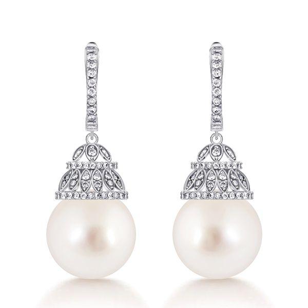 White Pearl Drop Earrings for Women - Sterling Silver Basket Design