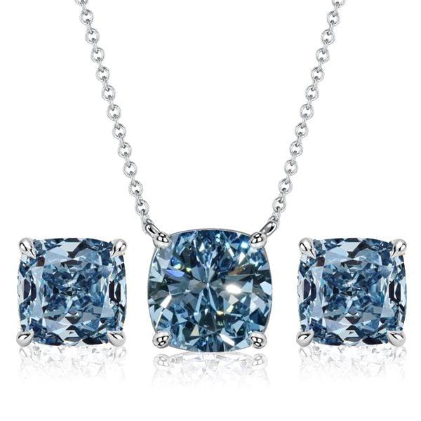 Blue Topaz Solitaire Cushion Cut Earrings and Necklace Jewelry Set in Sterling Silver