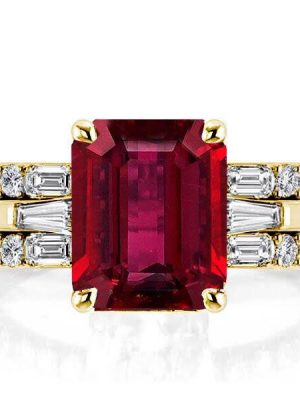 Emerald & Ruby 3 Stone Bridal Ring Set - 925 Sterling Silver Engagement Rings