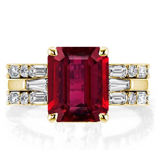 Emerald & Ruby 3 Stone Bridal Ring Set - 925 Sterling Silver Engagement Rings
