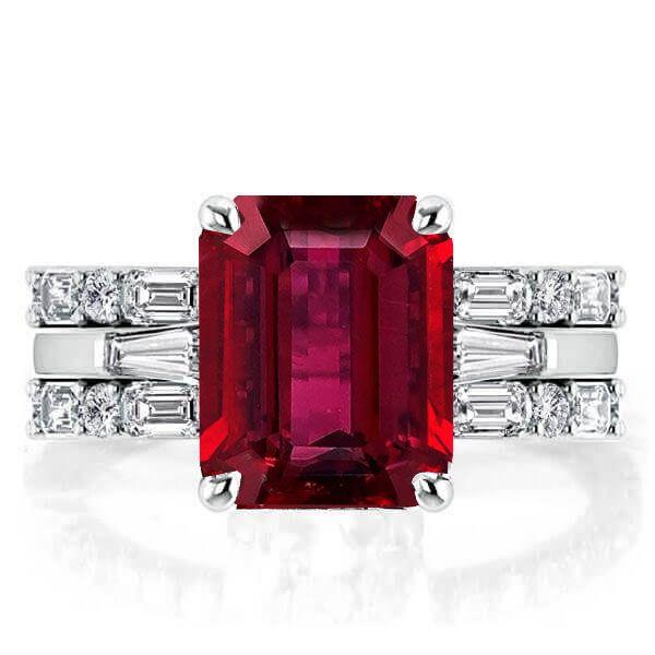 Emerald & Ruby 3 Stone Bridal Ring Set - 925 Sterling Silver Engagement Rings