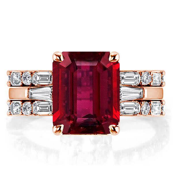 Emerald & Ruby 3 Stone Bridal Ring Set - 925 Sterling Silver Engagement Rings