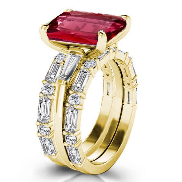 Emerald & Ruby 3 Stone Bridal Ring Set - 925 Sterling Silver Engagement Rings