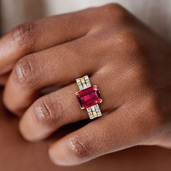 Emerald & Ruby 3 Stone Bridal Ring Set - 925 Sterling Silver Engagement Rings