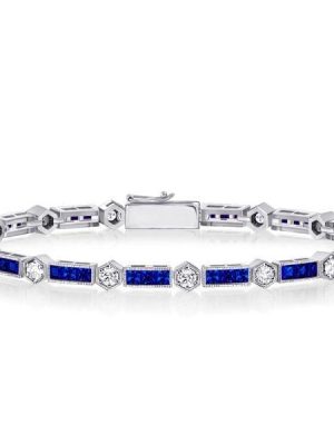 Alternating Round White & Triple Blue Stone Sterling Silver Bracelet for Wedding