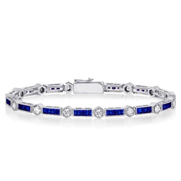 Alternating Round White & Triple Blue Stone Sterling Silver Bracelet for Wedding