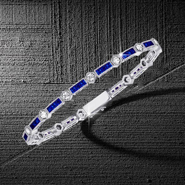 Alternating Round White & Triple Blue Stone Sterling Silver Bracelet for Wedding