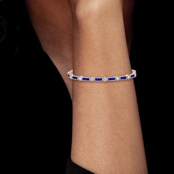 Alternating Round White & Triple Blue Stone Sterling Silver Bracelet for Wedding