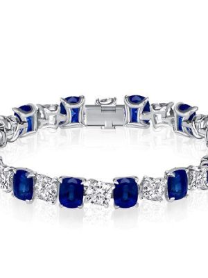 Blue & White Cushion Cut Tennis Bracelet - Sterling Silver - Wedding Jewelry