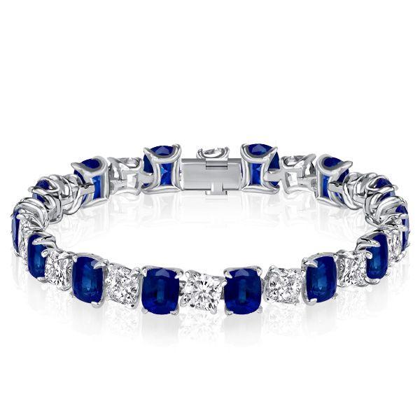 Blue & White Cushion Cut Tennis Bracelet - Sterling Silver - Wedding Jewelry