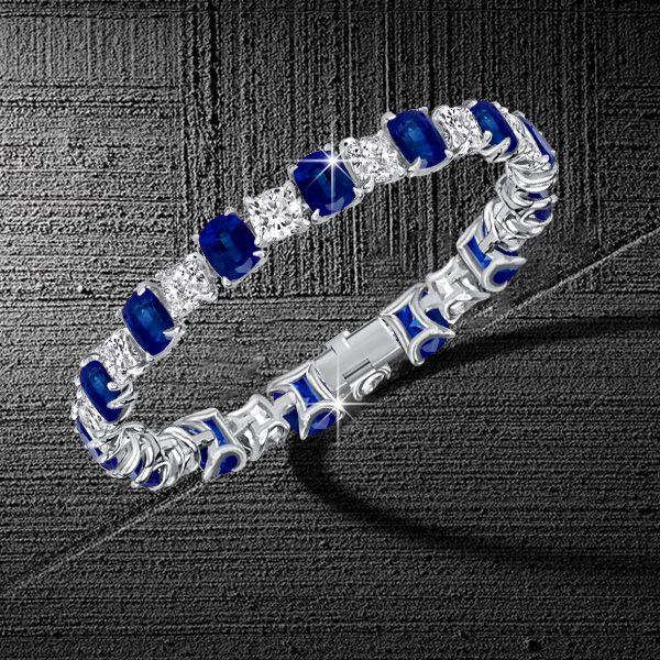 Blue & White Cushion Cut Tennis Bracelet - Sterling Silver - Wedding Jewelry