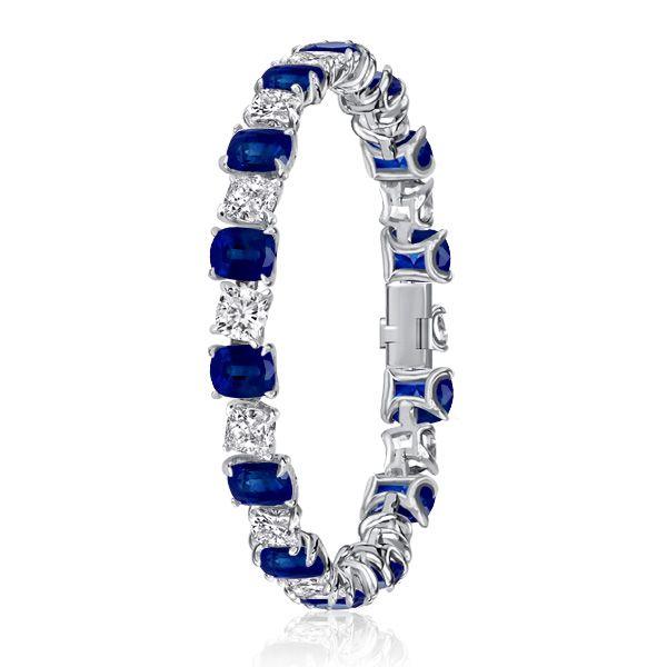 Blue & White Cushion Cut Tennis Bracelet - Sterling Silver - Wedding Jewelry