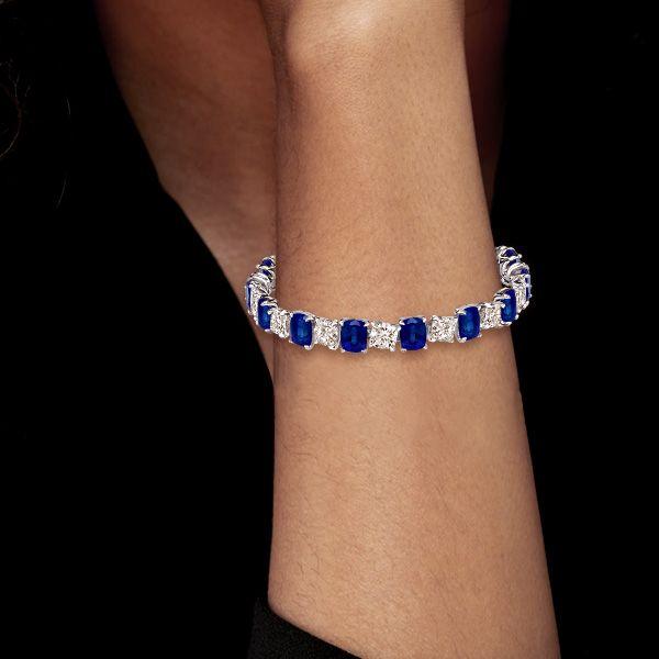 Blue & White Cushion Cut Tennis Bracelet - Sterling Silver - Wedding Jewelry
