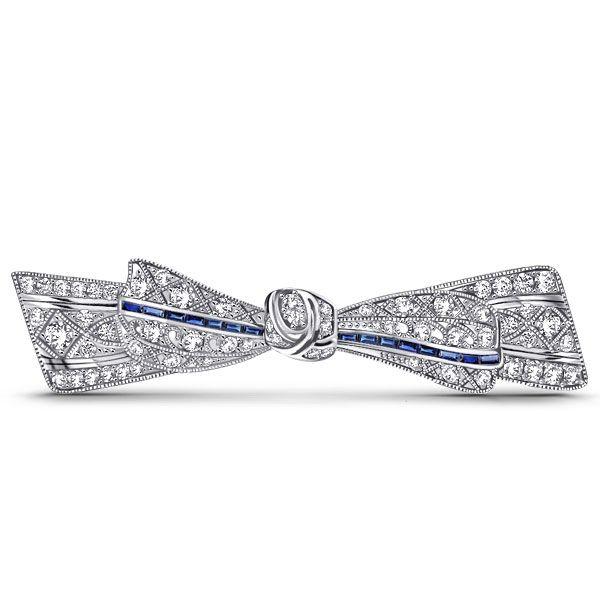 Vintage Blue & White Bow Brooch - 925 Sterling Silver, Milgrain Detail