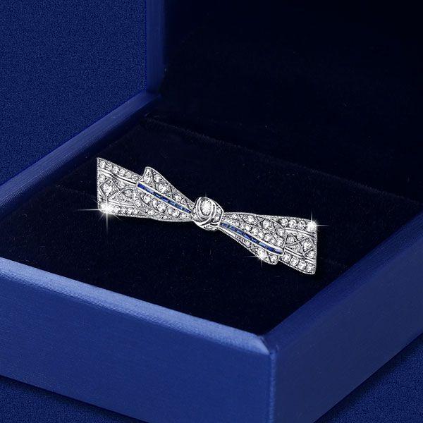 Vintage Blue & White Bow Brooch - 925 Sterling Silver, Milgrain Detail