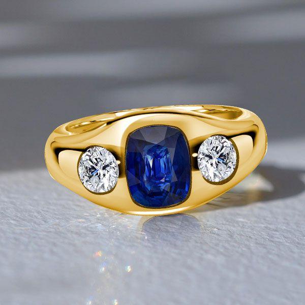 Blue Sapphire 3-Stone Cushion Cut Engagement Ring - 18K Gold Plated Sterling Silver