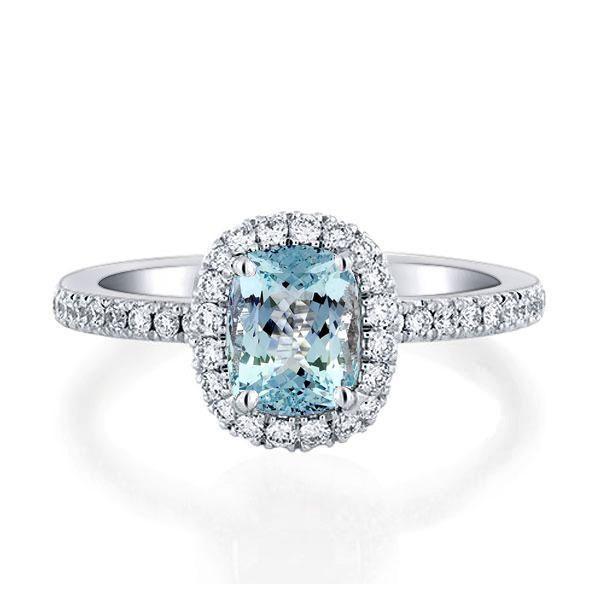 Aquamarine Halo Engagement Ring - Cushion Cut Sterling Silver
