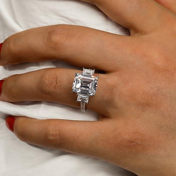 Emerald & White Sapphire Three Stone Engagement Ring - Sterling Silver
