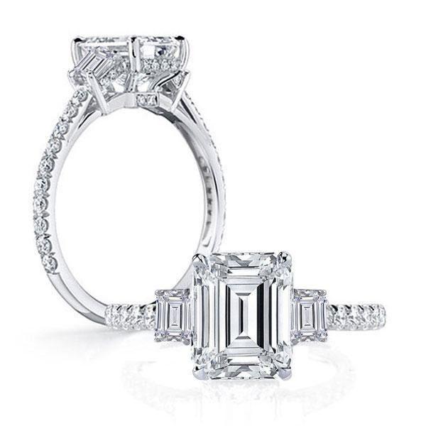 Emerald & White Sapphire Three Stone Engagement Ring - Sterling Silver