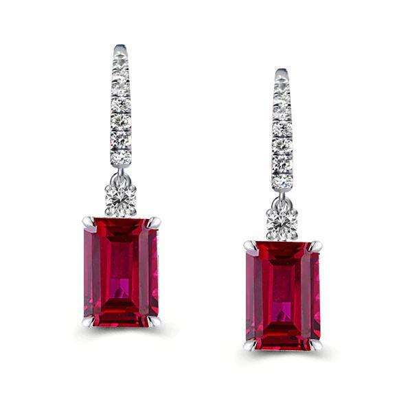 Emerald Cut Ruby Drop Earrings for Women - 925 Sterling Silver Leverback