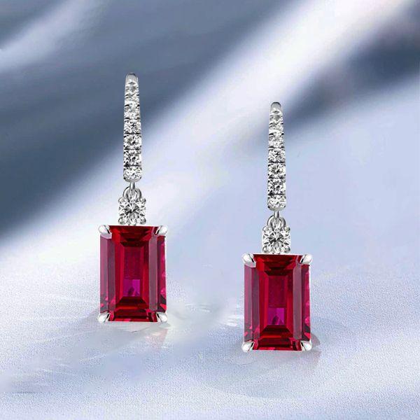 Emerald Cut Ruby Drop Earrings for Women - 925 Sterling Silver Leverback