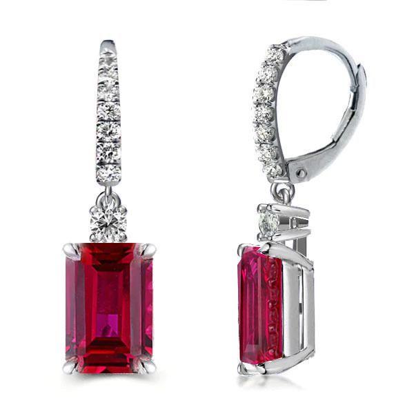 Emerald Cut Ruby Drop Earrings for Women - 925 Sterling Silver Leverback