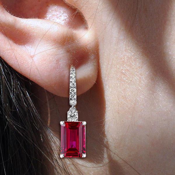 Emerald Cut Ruby Drop Earrings for Women - 925 Sterling Silver Leverback