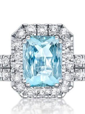 Radiant Cut Aquamarine Halo Engagement Ring Set - Sterling Silver