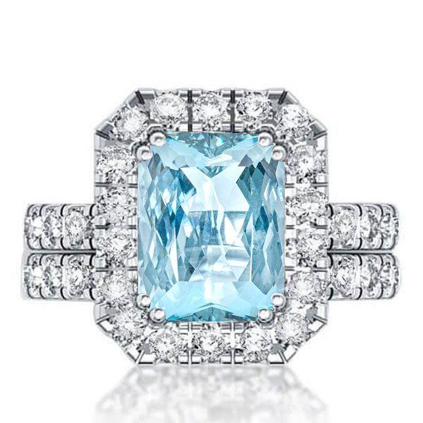 Radiant Cut Aquamarine Halo Engagement Ring Set - Sterling Silver